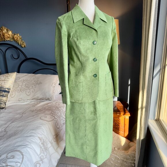 Vintage Custom Made Lime Green Suede Skirt Suit Set - Picture 3 of 16